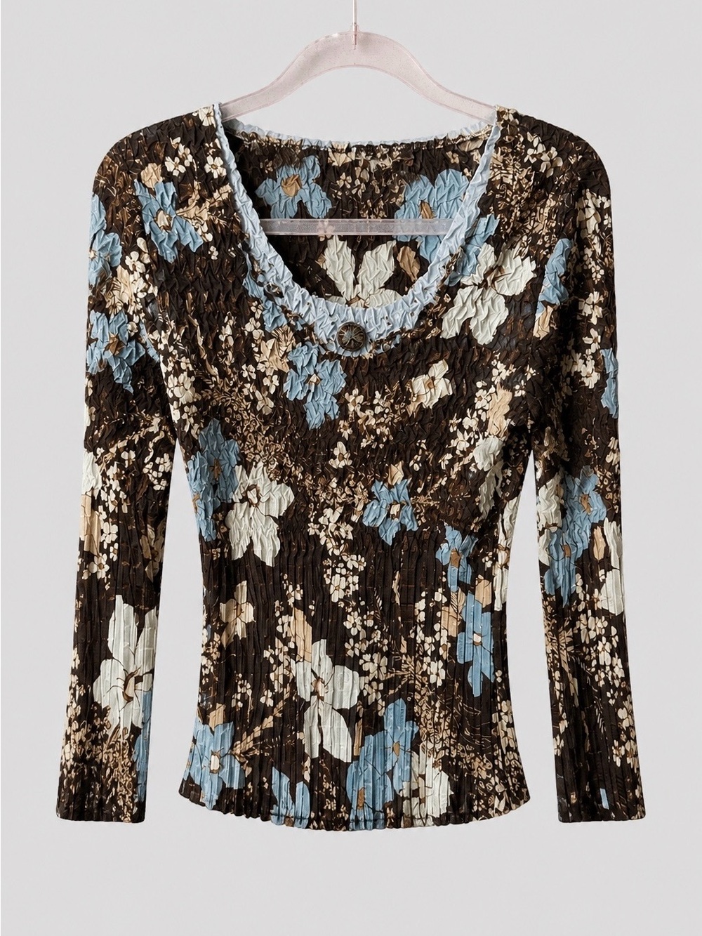 Alberto Makali Black Floral Smocked Long-Sleeve Top with Blue and Cream Accents